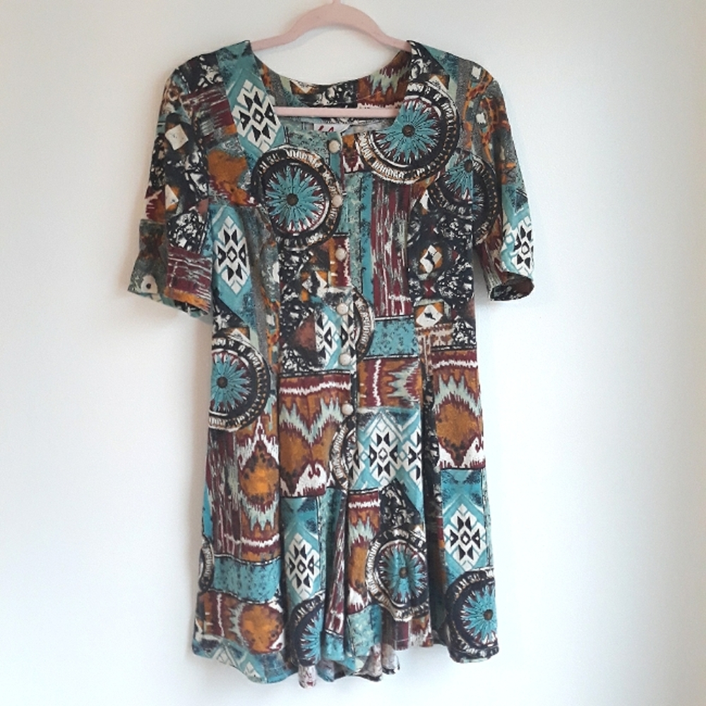 Vintage 80s colorful pattern boho bohemian tribal hippy button up romper